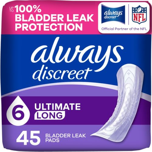 Always Discreet Adult Incontinence Pads for Women, Drier, 6 Drop Long Length, Extra Heavy Absorbency, Pads for Bladder Control Management, Bladder Leaks, & Postpartum Pads, 45ct