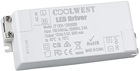 COOLWEST LED Transformator 12V 60W, Elektronischer Trafo, LED Treiber 5A 230V Auf 12V DC Schalt Niedervolttrafo, Konstantspannungs Netzteil für Lampen, Lichtstreifen