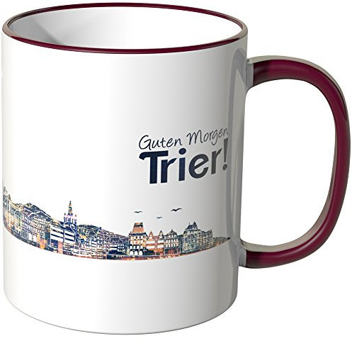 WANDKINGS® Tasse, Schriftzug Guten Morgen Trier! mit Skyline bei Nacht - Bordeaux