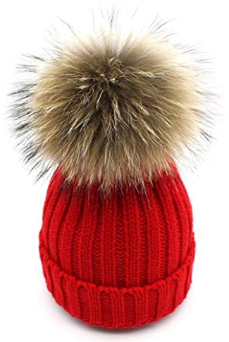 feifanshop Warm Mütze Pelz Bommel Echtpelz Waschbär Ski-Mütze Fellbommel Pelzbommel Raccoon (rot)