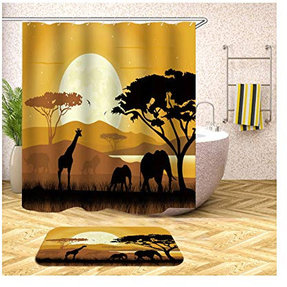 Daesar Giraffe Elefant 40x60 Badematte WC Vorleger Anti-Schimmel Duschvorhang 90x180 cm, Badematten Set 2 Teilig