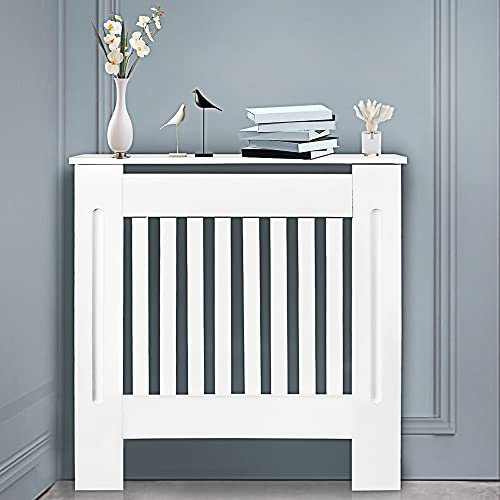 SiKy MDF White Painted Radiator Cover Wooden Cabinet Shelving Home Office Vertical Slatted Vent H 82 x W 78 x D 19 Cm, Freestanding Frame, Easy Assembly