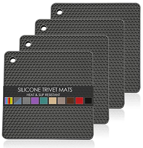 Silicone Trivets for Hot Pots and Pans, Multi-Purpose Trivet Mat for Hot Dishes Set of 4, Heat Resistant Durable Flexible Silicone Pot Mat for Countertop, Easy to Wash and Dry, Dark Gray, Square
