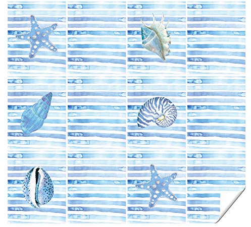 GRAZDesign Fliesenaufkleber Bad Streifen in blau Wandfliesen selbstklebend, Klebefliesen - Muscheln mit Streifen