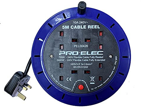 ShaniTech 5M Meter 4 Way Gang Mains Extension Lead Reel Heavy Duty Thermal Cut Out, Ideal for Garden, Workshop, DIY