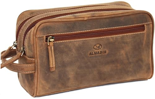 ALMADIH große Leder Kulturtasche für Damen und Herren Braun Vintage – Premium Badetasche Kulturbeutel Kosmetiktasche mit Doppel Reißverschluss (Pietro Vintage)