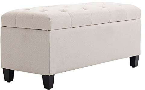 HOMCOM Sitzbank mit Stauraum Polsterbank mit Leinenoptik, Sitztruhe mit Holzbeine, Truhenbank für Wohnzimmer Schlafzimmer Flur 100 x 40 x 44 cm Cremeweiß