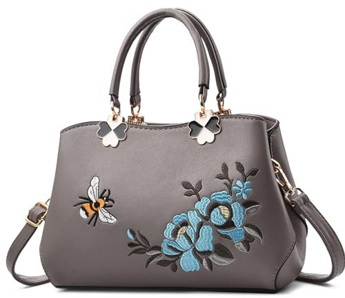 VARLIVOO Élégante Sac à Main Dames Sacs Bandoulière Femme Sac de Messager Broderie Sac Portés Main Sac Fourre Tout Sac de Cours Voyager Travail PU Cuir Gris A