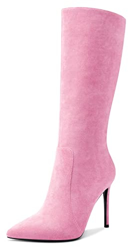 Aachcol Donna Metà polpaccio Stivali Spillo Alto High Tacco Heel Chiusa a Punta Cerniera Classico 10 CM Rosa Scamosciato 35 EU