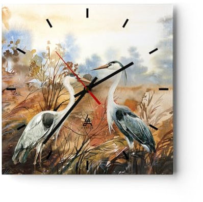 Modern Wanduhr Kraniche Vögel Herbst 30x30cm Quadrat Klein Wand Uhr Glas Analog Zimmeruhren Küche Büro Wohnzimmer Glasuhr Wall Clock Dekoration Design Wanddekoration Küchenuhr C3AC30x30-5077