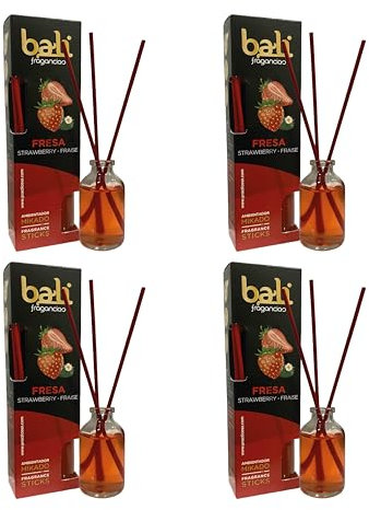 Pack de 4 Bali fragancias Ambientador Mikado FRESA Difusor con varillas de ratán para tu salón, comedor o cualquier estancia de tu hogar, fragancias seleccionadas, Aromaterapia, Perfumado (30 ml)