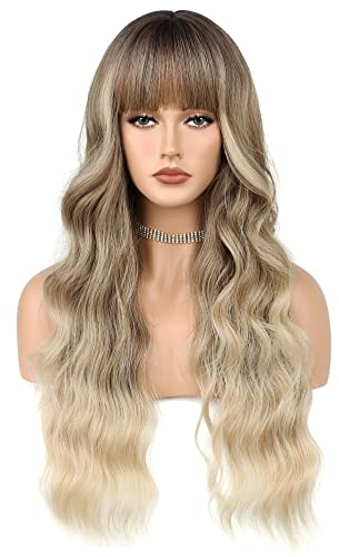 FAELBATY Perücke mit langen Locken blonde Perücke mit Pony Ombre dunkelbraun bis blonde Perücke für Frauen Perücke mit langen Locken für Mädchen Naturperücke Cosplay Perücke (25 R2/10/613#)
