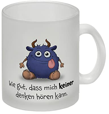 Freches Monster in dunkelblau Glas Tasse mit lustigem Spruch Wie gut, dass mich keiner denken hören kann. Tasse für Kollegen Freunde und Kinder im Büro oder Zuhause