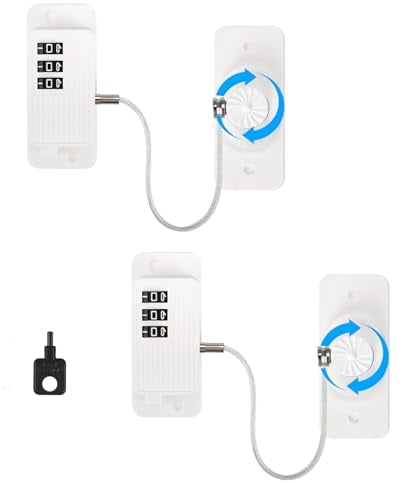 Refrigerator Lock Combination, NewBinn 2 Pack Child Safety Fridge Coded Lock, No Drilling Window Restrictor Safety Security Lock for Pet, Adhesive Freezer Doors Drawer Closets Cable Lock