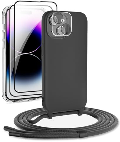 DiDaDi Handykette kompatibel mit iPhone 14 Plus Hülle,Handyband Necklace Hülle mit Band Handyhülle für zum Umhängen Silikon Case mit Schnur Schutzfolie und Kameraschutz in Schwarz