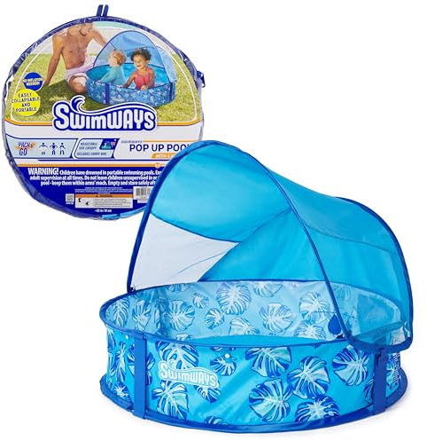 SwimWays Elite Pop-Up Above Ground Pool, Baby Pool with Canopy & Carrying Case, Foldable Pool for Kids Aged 9-24 Months, Measures 32, Blue