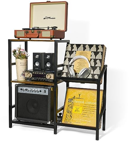 3 Etagen Plattenspieler-Ständer, Vintage Beistelltisch Plattenspieler Regal mit Schallplattenaufbewahrung Holz Vinyl Schallplattenständer Vinyl Holder Fasst 160 Alben für Wohnzimmer Schlafzimmer Büro