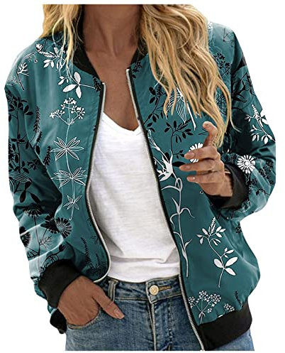 Bomber da donna, casual, leggero, con motivo floreale, sottile, giacca da aviatore, a maniche lunghe, per il tempo libero, per le mezze stagioni, con cerniera e tasche, E - verde, M