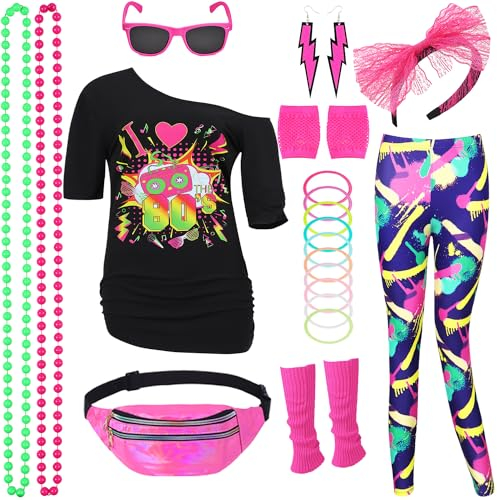 Miulruma 80er Jahre Damen Kostüm Set 80er Jahre Outfit T Shirt, 80er Artistic Leggings,Ohrring, Halskette,Bauchtasche Retro 80 Jahre Outfit Party Accessoires für Karneval Kleidung Fraun Mädchen 028M