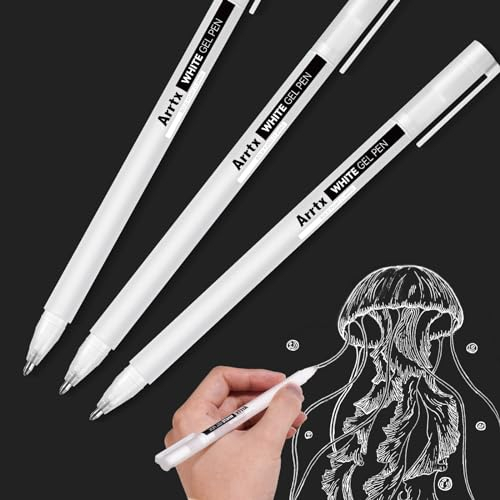Arrtx Gelstifte Weiß zum Zeichnen 3 Stück 1mm Weiß Gel Pen zum Highlights,Künstler Fineliner Weißer Gel Stift für Dunkle Papiere,Skizzieren