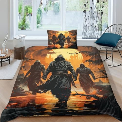GEEYOU Assassins Bettwäsche Weich & Bügelfrei Samurai Bettbezüge Mit Reißverschluss Bedding Set Mit Kissenbezüge Microfaser Baumwolle Erwachsene Und KinderSingle(135x200cm)