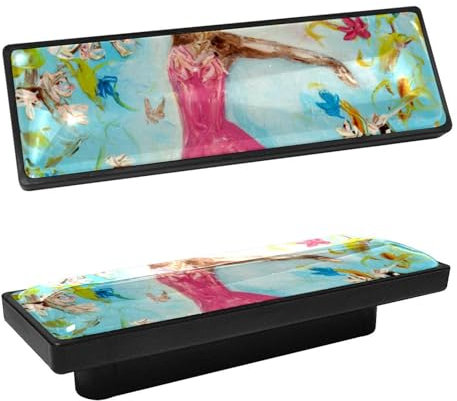 Lot de 4 boutons d'armoire rectangulaires pour filles - Motif ballerine - Peinture à l'huile - Pour armoire de cuisine, commode, tiroir - Pour porte de salle de bain