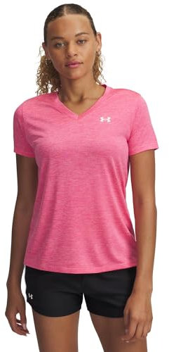 Under Armour Tech Manches Courtes col en V-Twist, T-Shirt Femme col V Confortable et au séchage Rapide, T-Shirt de Sport Respirant, Femmes, Super Pink/White, L, Super Pink/White, SM