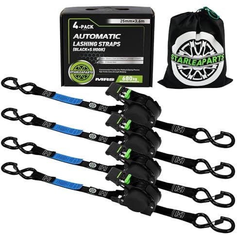 StarLeaparts 4 Stück Automatik Spanngurt mit S Haken, Automatischer Spanngurtaufroller 3,6 m x 25mm, 340KG/680KG, Einziehbare Spanngurte mit Ratsche für Motorrad, Kajak und LKW, Schwarz