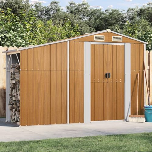 SECOLI Metall-Gartenhaus mit bodenplatte XXL Geräteschuppen Outdoor Geräteschrank Gartenschrank Verzinkter Stahl-Hellbraun-277 x 93 x 179 cm