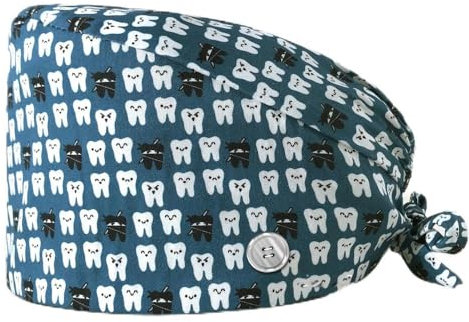 SMTSEC 2 Stück Zähne Bedruckte Scrubs Mütze mit Knöpfen Verstellbare Baumwoll Scrub Cap Bouffant Mütze Frauen Scrubs Hüte Unisex Stillkopfbedeckung,G,Einheitsgröße