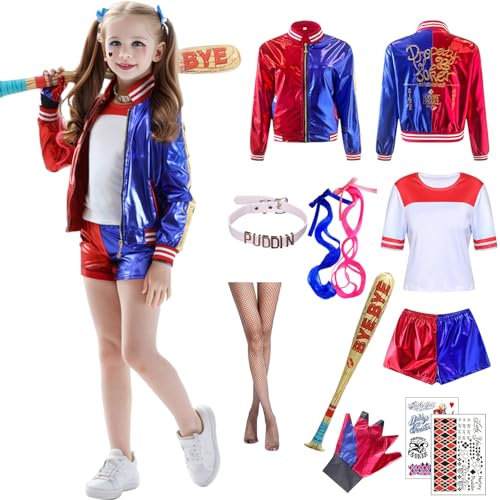 Raveparty Costume per cosplay, Halloween, carnevale da donna e bambina, con top, pantaloncini, colletto, parrucca, calze, tatuaggi, mazza da baseball, per cosplay (ragazza, 110)