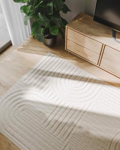 benuta Basic Teppich Leo - Creme 140x200 cm - Abstrakter Relief-Teppich für Wohnzimmer, Schlafzimmer & Flur - Pflegeleicht - Fußbodenheizung Geeignet