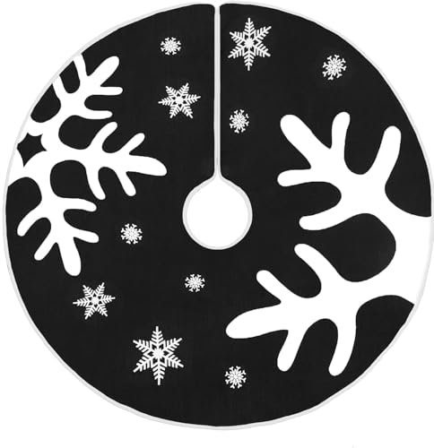 MACTING Weihnachtsbaum Decke, 76cm Christbaumdecke, Schwarz Weihnachtsbaumdecke Rund, Leinen Tannenbaum Decke, Schneeflocke und Geweih Abdeckung für Christbaumständer, Weihnachtsdekoration für Zuhause