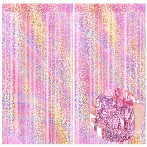 cobee Lametta Vorhang Silber, 2 Stück Party Deko Glitzer Vorhang Deko 1m X 2.5m Geburtstagsdeko Metallic Party Vorhänge Foto Hintergrund Luftschlangen Deko für Partys Weihnachtsfeier (Rosa)