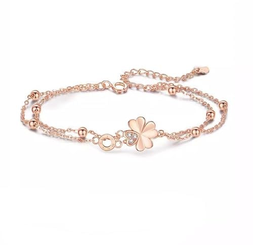 Belons Damen Armband 925 Sterling Silber Zirkonia Vierblättriges Kleeblatt Charm Armband Mädchen Armkette Kinder Armkettchen, Silber/Rosegold