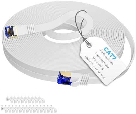 Mygatti Cable Ethernet plano Cat 7 blanco 30 metros,cable LAN de alta velocidad,cable de red 10 Gigabit con conector RJ45 delgado,FTP,para cámara POE,router,conmutador,módem,con 25 clips