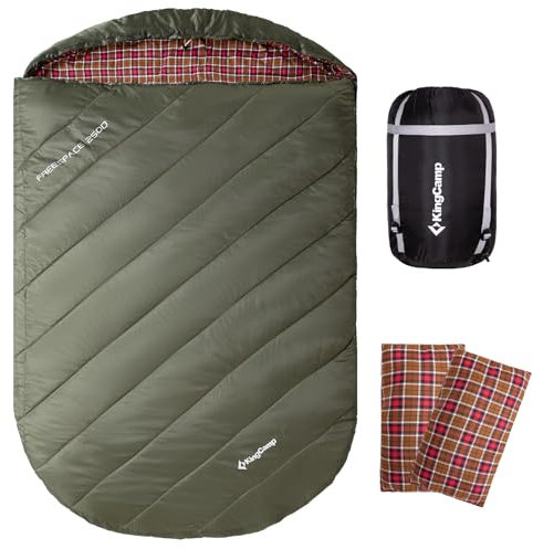 KingCamp Doppelschlafsack Flanell mit Kissen, Schlafsack 2 Personen, Schlafsack 3-4 Jahreszeiten, wasserfest, warm und komfortabel, verpackbar Schlafsack Outdoor,Olive