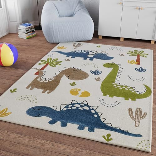 Smart Kids Gewebter Kinderteppich Spannende Abenteuer mit niedlichen Dinosaurier-Motiven – Dino & Friends (80 x 150 cm, Creme weiß)