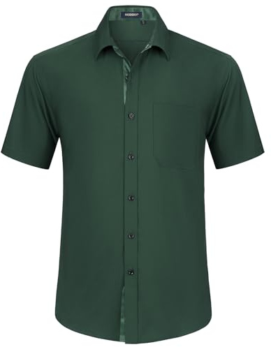 HISDERN Mens Short Sleeve Dark Green Shirt Casual Shirts Business Regular Fit Dress Shirts for Men Non-Iron Stretch Shirt with Pocket,S