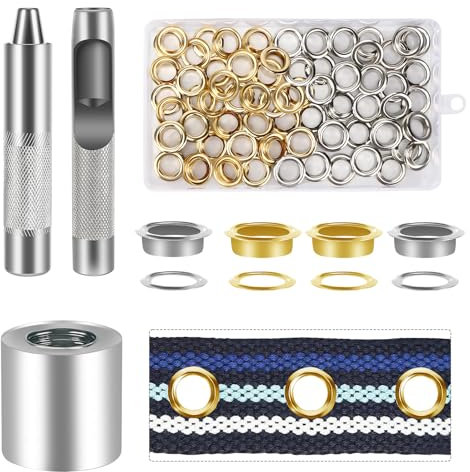 120 Piezas Ojales Metalicos, Kit de Herramienta Ojetes Metalicos, Ojetes Metalicos Inoxidable, Herramienta de Montaje de Arandela con Caja de Almacenamiento, para Lonas Toldos Cuero Telas (Oro Plata)