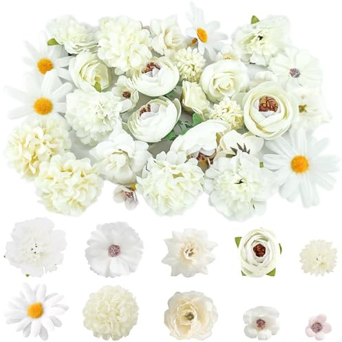 NINGYER 40 Stück Kunstblumen Köpfe, 2-6 cm Kunstblumen zum Basteln für Hochzeiten, Kunsthandwerk, Scrapbooking, Blumenarrangements, Partydekorationen (Weiß)