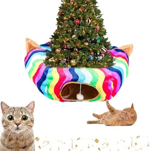 Faldón para árbol de Navidad con túnel para Gatos, Cama Tipo túnel para Gatos Debajo del árbol de Navidad, Cama para Gatos Multifuncional Plegable para árbol de Navidad (A)