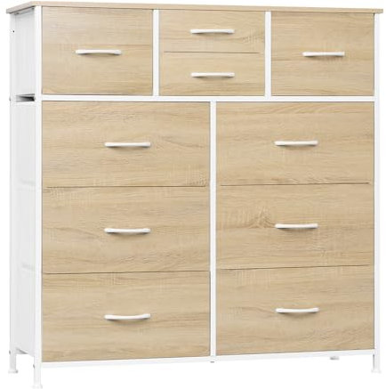 WOLTU Kommode mit 10 Schubladen aus Stoff, Sideboard Wohnzimmer, Kommodenschrank Schlafzimmer, Flur Schrank, aus Metallrahmen, industrieller Stil, Helle Eiche + Weiß, SSK009whe
