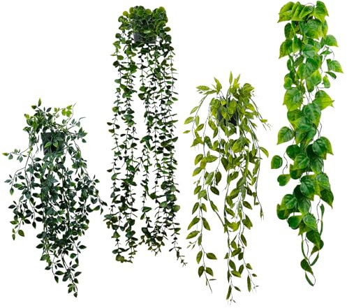 4 Pezzi Pianta Finta Cadente con Vaso, Pianta Artificiale Rampicanti da Interno Esterno, Oggetti Decorativi per la Casa, Piante Finte Cadenti per Balconi Casa Festa Matrimonio Giardino