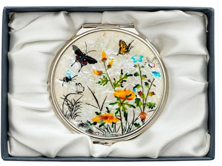 February Mountain Elegant Butterfly and Floral Mother of Pearl Compact Mirror, Dual Magnification (1X & 2.5X) – Lightweight Travel Makeup Mirror in Gift Box (Grass and Butterfly)
