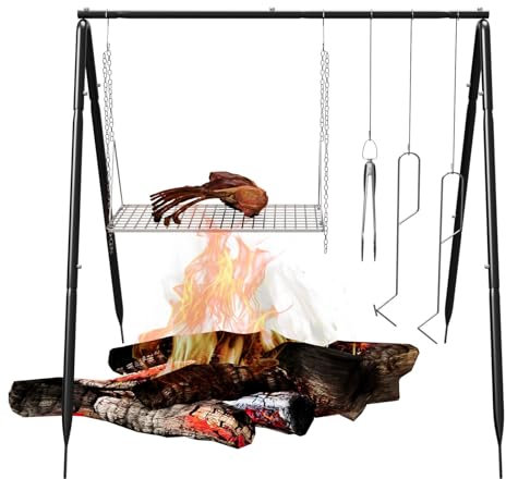 Campfire Tripod for Cooking, Portable & Collapsible Camping Cooking Tripod Grill with Round Grate for BBQ Picnic Outdoor Cookware Party (Swing Campfire Grill Stand)