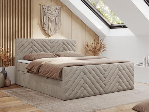 MKS MEBLE Boxspringbett 200x200 mit Bettkasten Matratze H3 - Paris Duo - Beige Strukture