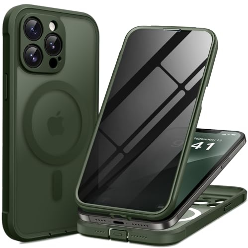 BERFY for iPhone 12 Pro Max Case, Compatible with Magsafe, Deep Green | Built-in Privacy Screen Protector, Full Camera Protection, Shockproof Full Body Translucent Matte Magnetic Phone Case 6.7