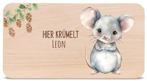 GRAVURZEILE - Bedrucktes Frühstücksbrettchen aus Holz - Hier Krümelt Maus - Personalisiert mit Namen - Geschenk für Kinder - Lebensmittelechter, umweltfreundlich Druck (GreenGuard Gold)