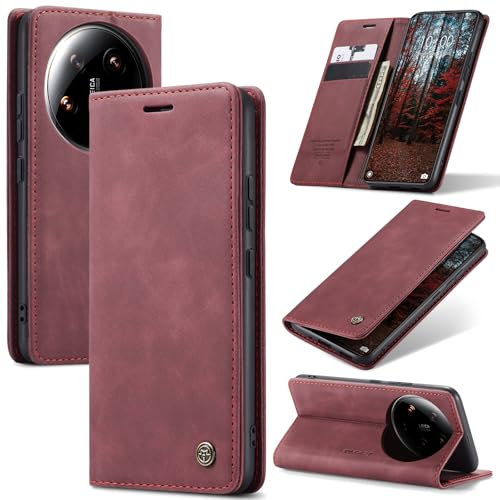Azororo Coque pour Xiaomi 14 Ultra 5G Premium Housse Cuir Protection Pochette Rabat Portefeuille Flip Case Porte Magnétique Coque Étui pour Xiaomi 14 Ultra, Vin Rouge